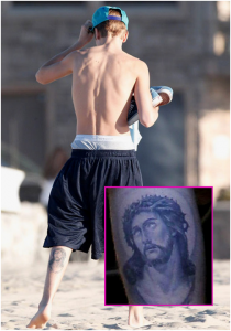 Justin Bieber Jesus Tattoo on his left leg